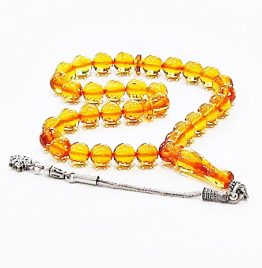 KÜRE KESİM (7*7) 9.40 GR 15 CM 925 AYAR GÜMÜŞ PÜSKÜLLÜ SARI RENK ORJİNAL AMBER DOMİNİK KEHRİBAR TESBİH